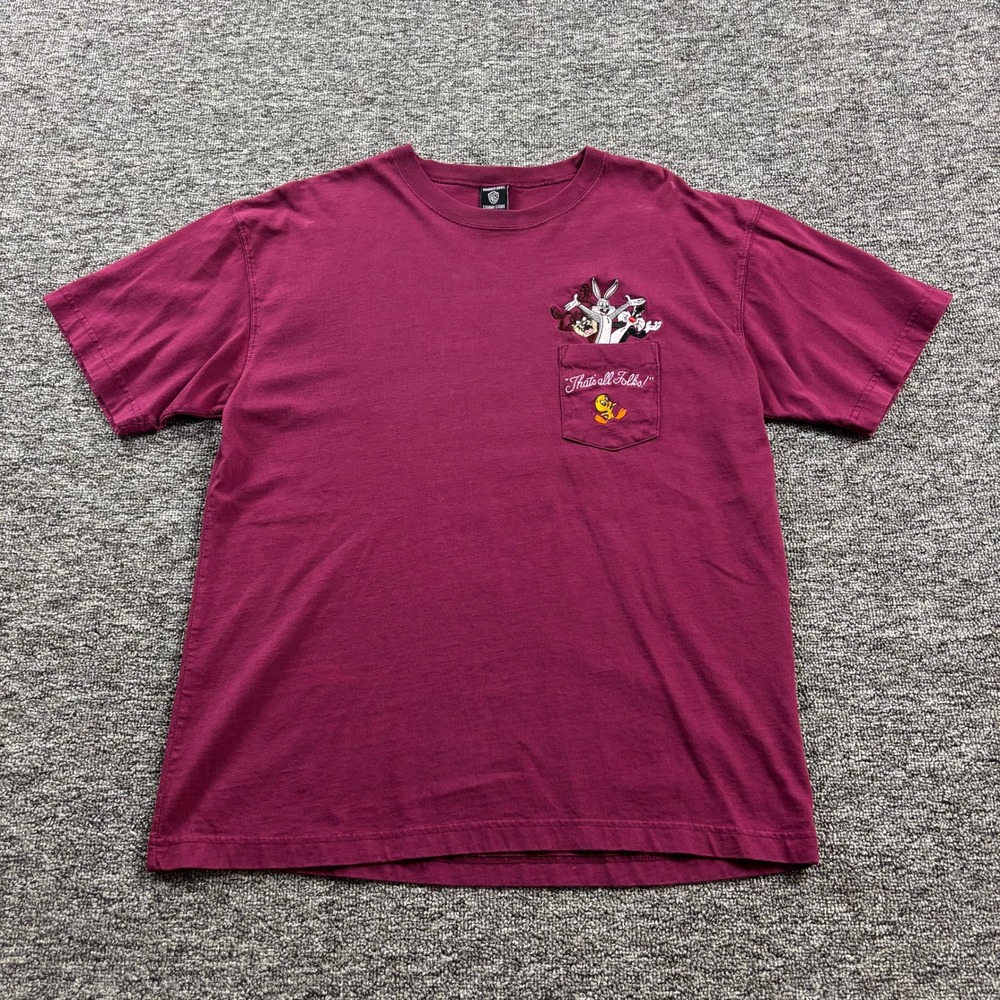 VIntage 1990s Warner Bros Looney‎ Tunes Embroidered Pocket T-Shirt Maroon Medium